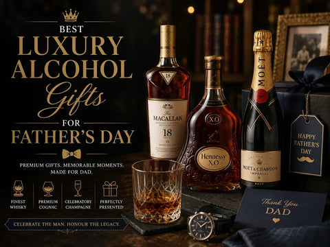 Luxury alcohol gifts for Father's Day featuring premium whisky, Cognac and champagne